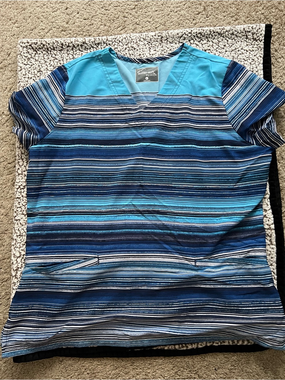 Uniform Advantage Women's Long Sleeve Striped Scrub Top in Teal and Navy